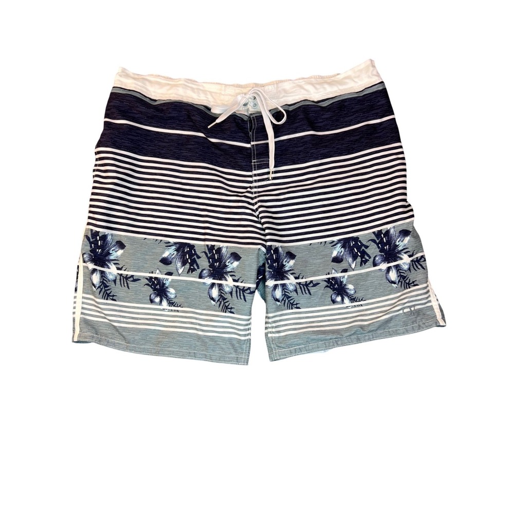 Ocean Pacific Men's 2XL Dark Navy Striped Floral Board Shorts Swim Trunks Beach - Picture 1 of 8